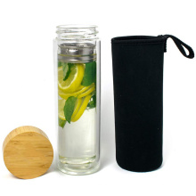 Bouteille d&#39;eau d&#39;infuseur de thé en verre à double paroi en gros de 400 ml avec couvercle en bambou